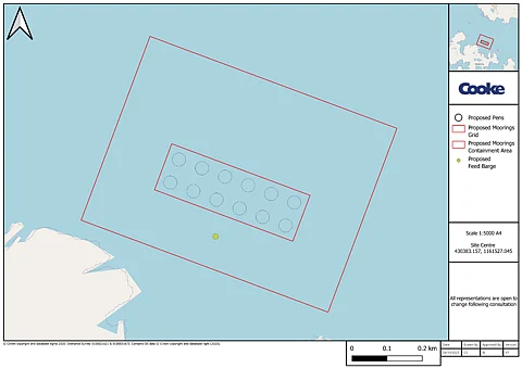 Overview of Cooke's proposals for new offshore salmon farm near at Vementry, Shetland, Scotland.