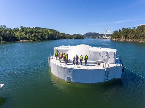 'The Egg' fish farm in the water. Prophylaxia, currently in charge of operating the E2000 pilot model, is the first company to commission Ovum to build a new Egget® unit.