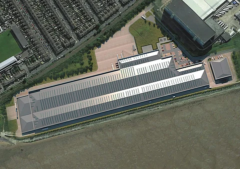 Artist's impression of the proposed Aquacultured UK salmon facility at the waterfront in Grimsby, UK.