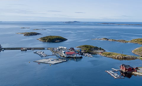 Aerial view of Norcod's Kråkøy slaughterhouse facility in Åfjord, Trøndelag County.