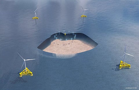 Illustration of Subfarm's submersible fish farm design, located between offshore floating wind turbines.