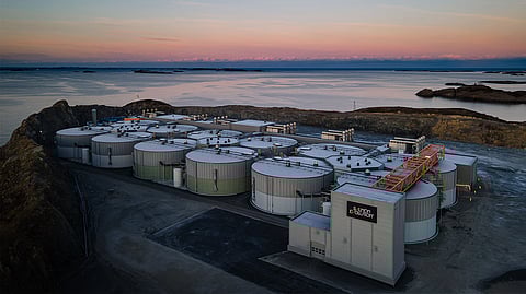 Salmon Evolution's hybrid flow-through system facility at Indre Harøy, Norway.