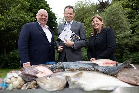 From left to right: Tadgh O’Meara, Managing Director, Kish Fish, Minister Charlie McConalogue, Caroline Bocquel, CEO of Bord Iascaigh Mhara (BIM).
