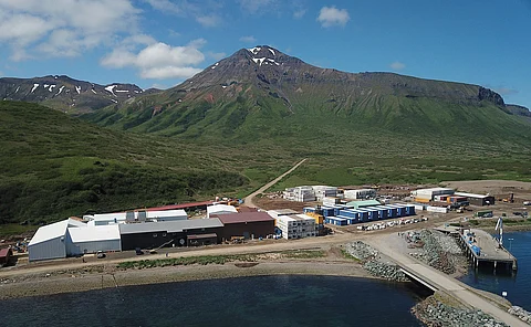 Aerial view over False Pass, Alaska.