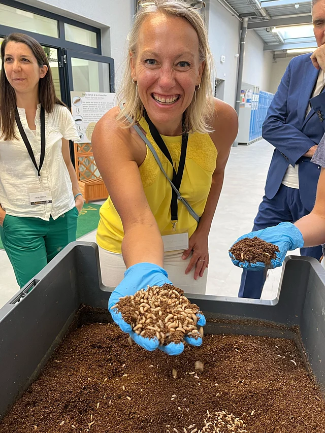 <div class="paragraphs"><p>Katherine Bryar at Agronutris, in France, with black solitary fly larvae. </p></div>