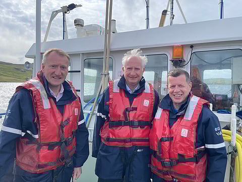From left: Salmon Scotland CEO Tavish Scott, UK Fisheries Minister Daniel Zeichner, and Scottish Sea Farms Managing Director Jim Gallagher.