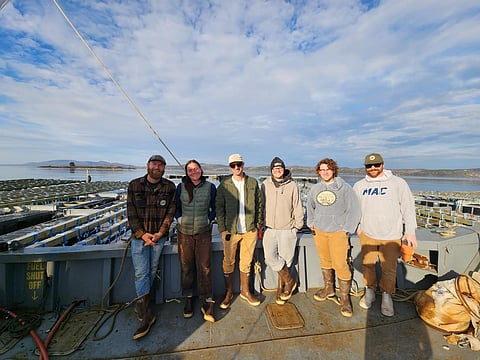 The first cohort of Maine aquaculture apprentices on a farm tour. Left to right: Alex McBroom, Katherine Lipp, Michael Pauley, Matthew Czuchra, Gabriel Chlebowski, and Colin Quinn.
