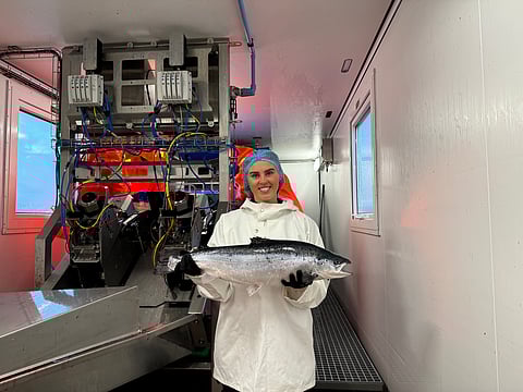 Amelía Ósk Hjálmarsdóttir, First Water station manager, with a salmon.