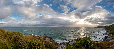 Bluff Hill Motupohue Lookout Offering Views of Foveaux Strait and Native Forests in Wind-Battered Southland, New Zealand.