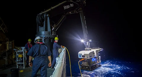 Remotely operated vehicle Deep Discoverer being brought aboard NOAA Ship Okeanos Explorer during a 2016 mission in the Pacific Ocean.