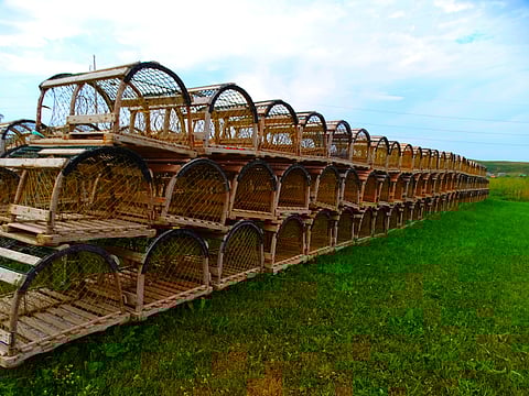 North America, Canada, Province of Quebec, Madeleine Islands, wooden lobster cages.