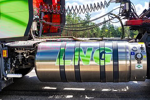 Close-up view of a truck truck equipped to use natural gas, LNG gas