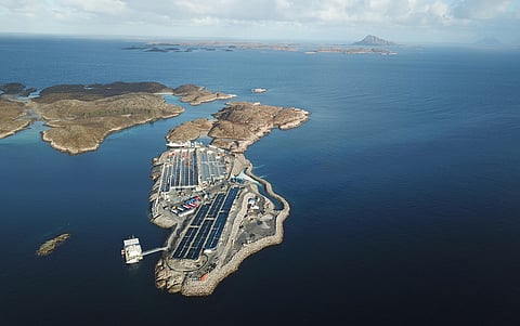 Aerial view Gigante Salmon fish farm in Rødøy, Norway.
