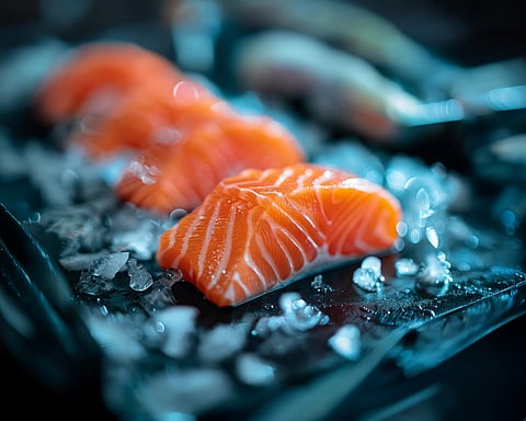 Salmon fillet on ice.