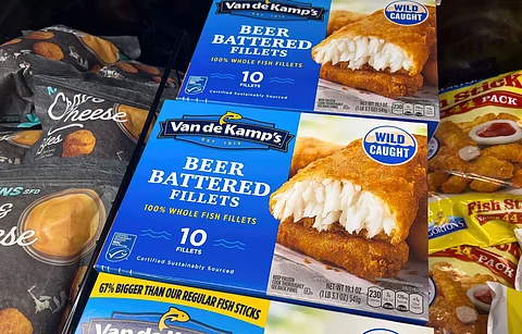 Packages of Van de Kamp's brand frozen beer battered wild-caught whole fish fillets for sale at a local supermarket freezer. MSC certified.