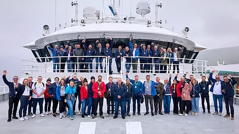 The UK visitors pictured aboard Langøy, a trawler operated by Prestfjord, part of the Holmøy Group.