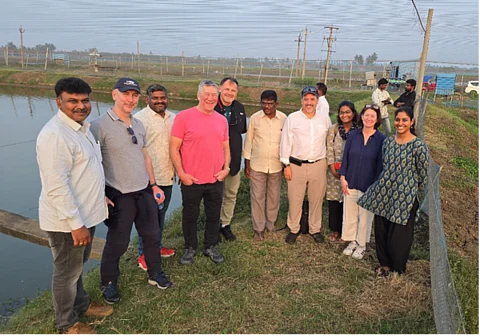 Members of the ASC and SFP teams with partners from Seafood Solutions and Dakshin Foundation visit a shrimp farm in Andhra Pradesh.