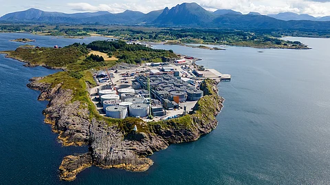 Aerial view of Salmon Evolution's Indre Harøy site near Molde, Norway.