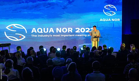 The Aqua Nor 2025 trade show takes place 19-21 August. Pictured: a speaker from the 2023 event.