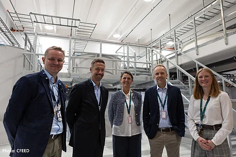 From left to right: CEO of Sintef Ocean, Vegar Johansen; Even Tronstad Sagebakken, State Secretary at the Ministry of Aquaculture, Norway; Sales and Marketing Manager at CFEED, Linn Baardsgaard; CEO of CFEED, Tore Remman; Production Manager at CFEED, Maren Gagnat.