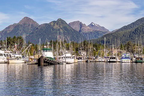 Commercial fishing boats lined up in Sitka, Alaska.