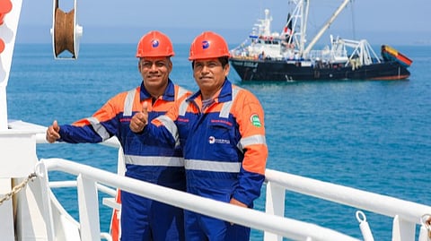 Peruvian fishermen aboard an industrial fishing vessel.