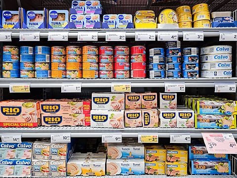 Tuna products from various manufacturers in the grocery department of the RIMI supermarket. Riga, Latvia, EU.