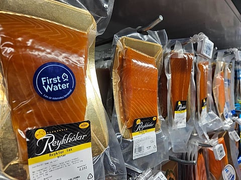 First Water farmed smoked salmon on a shelf in a supermarket in Iceland.