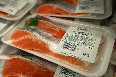 Farmed trout salmon kirimi (thin slice) from Chile in the cooler at a Mitsuwa store in San Jose, California. Mitsuwa is a Japanese supermarket chain in North America.