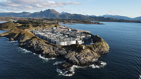 Aerial view of Salmon Evolution's hybrid flow-through facility at Indre Harøy in November 2025, showing progress on its Phase 2 expansion.