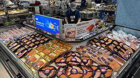 Norwegian salmon at a Hema Shenzhen supermarket fish counter in China.
