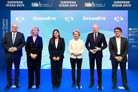 European Commission President Ursula von der Leyen, pictured with EU Fisheries Commissioner Costas Kadis and other officials at the launch of OceanEye on Monday.