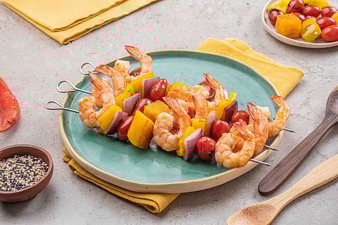Shrimp and vegetable skewers, an example of a healthy, nutritious and sustainable dish.