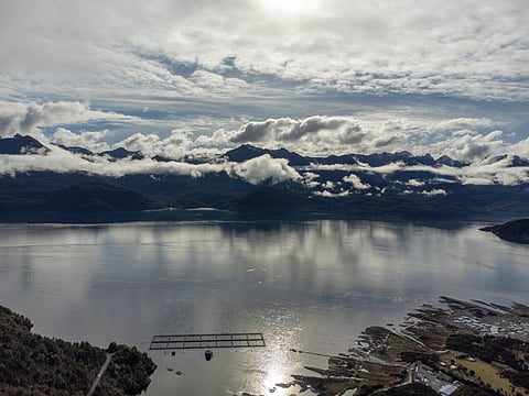 Aerial view of aquaculture facilities in the Reloncaví Sound, Los Lagos Region in southern Chile.