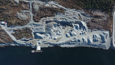 Aerial view of works' progress at the 'Salfjord I – Tjeldbergodden' land-based oceanfront aquaculture facility in Aure, Norway, in March 2026.