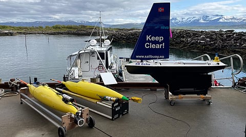 The Sailbuoy rigged with an echo sounder, and two Seagliders rigged with an optical imagery plankton sensor (UVP6) and an echo sounder.