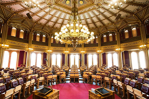 Interior of the Storting, Norwegian Parliament in Oslo.