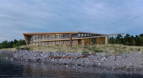 An artistic rendering of a potential design for the Indigenous Centre for Aquatic Health Sciences & Stewardship facility in Campbell River, B.C.