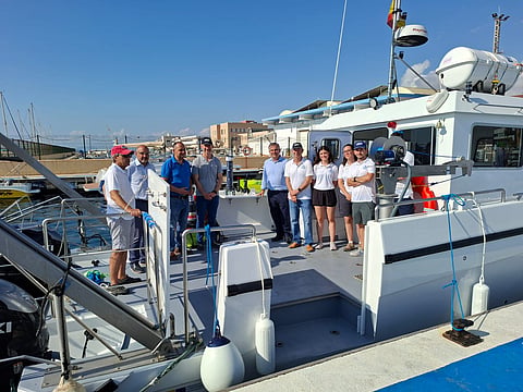 Regional Minister for Environment, Industry, Universities, Research and the Mar Menor, Juan María Vázquez, together with the Rector of the Polytechnic University of Cartagena, Mathieu Kessler, aboard the new UPCT Ocean Mind vessel.