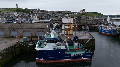 The Dìonadair a' Bhradain, meaning "Guardian of the Salmon", decked out for its launch at Macduff Shipyards in Aberdeenshire, Scotland.