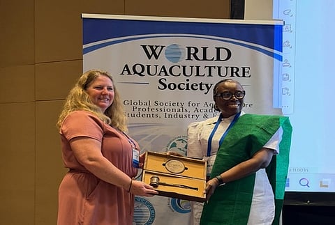Pictured: Dr Wendy Sealey and Dr Foluke Areola, who was inaugurated as WAS President during the World Aquaculture Singapore 2026 conference.