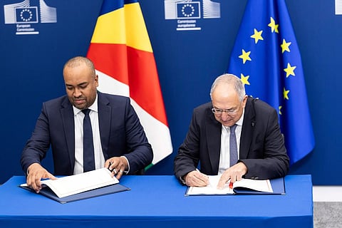 On 27 July 2026, in Brussels, Belgium, Wallace Cosgrow, Minister for Fisheries, Agriculture and Blue Economy of Seychelles, and Costas Kadis, European Commissioner for Fisheries and Oceans, sign a Sustainable Fisheries Partnership Agreement.