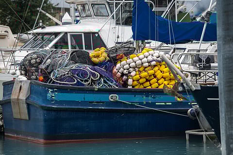 Fishing nets on a fishing ship in the dock