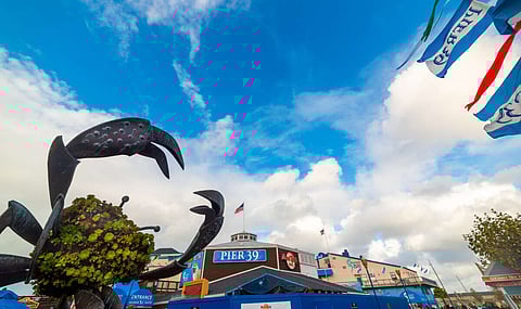 San Francisco, USA - October 31, 2016: Crab statue in Pier 39 on a cloudy day