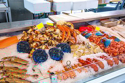 Various seafood on the shelves of the fish market in Norway, Bergen