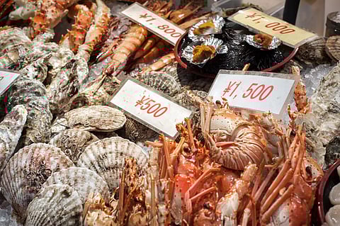 Seafood and shellfish on sale at a Japanese seafood market. Photo: Adobe Stock.