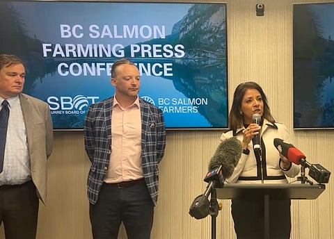 Anita Huberman, President & CEO of the Surrey Board of Trade, during yesterday's press conference to warn of the risk to BC's salmon industry beyond fish farms. Photo: BC Salmon Farmers Association / Surrey Board of Trade.