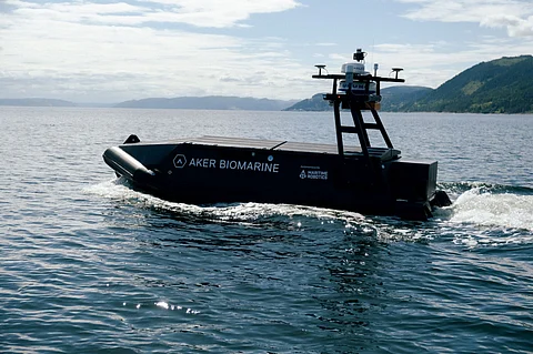The Mariner USV, Aker BioMarine's drone to make fishing 'smarter', in its presentation in Trondheim, Norway. Photo: Aker BioMarine.