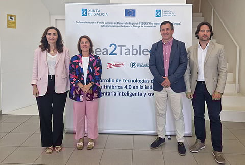 Patricia Argerey, directora de la Axencia Galega de Innovación; Marta Otero, directora general Industrial del Grupo Nueva Pescanova; Cesáreo Barciela, gerente de ASM Soft; y Luis Pérez, director general de Gradiant. Photo by: Nueva Pescanova.