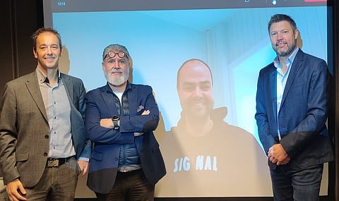 From left: Kai André Stæger-Holst, CFO, Harald Schreiner Fiksdal, CEO, SalmoTerra and Jens Jensen, Business Developer, Michael Mortensen, CEO, Graintec. Photo: Graintec.